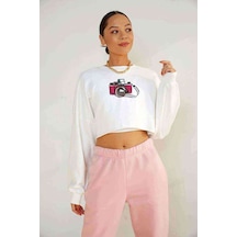 Watercolor Camera Baskılı Crop Kadın Beyaz Sweatshirt (534803969)