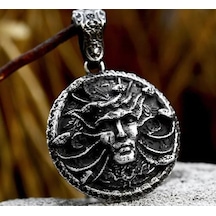 Çift Taraflı Kullanım Paslanmaz Çelik Yılan Detaylı Medusa Kolye Gümüş