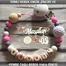 İsimli Bebek Emzik Zinciri ve Pembe Taşlı Bebek Yaka İğnesi Pembe