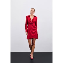 Sateen Desenli Kruvaze Elbise - Kırmızı-135583 Kırmızı