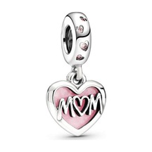 Nur Silver Mom Yazılı Pembe Mineli Kalp Gümüş Charm Nur-bl00193