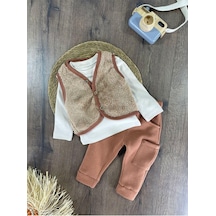 Bebicix Yandan Cep Detaylı Peluş Yelekli Erkek 3lü Takım Kahverengi