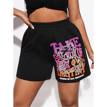 Slayr Slogan Graphic Elastic Waist Şort Siyah