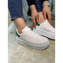 Günlük Kadın Sneaker Bağcıklı Hafif Kalın Yüksek Tabanlı Leopar Detaylı Yürüyüş Spor Ayakkabı 065 Beyaz Yeşil