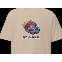 Wildstyle Red Snapper Balık Balıkçılık Deniz Vintage Balıkçı Baskılı Unisex Bisiklet Yaka Pamuklu Tişört Camel