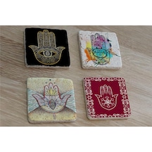 Fatıma'nın Eli Doğal Taş Bardak Altlığı 4'lü Set - Natural Stone Coasters - Taş Çok Renkli
