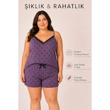 Bravie Kadın Büyük Beden İp Askılı Yakası Dantelli Mor Puantiye Desenli Yazlık Pijama Takımı