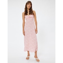 Koton Keten Karışımlı Midi Boy Çiçekli Askılı Elbise Slim Fit Drape Detaylı Pembe Desenli 4sak80474pw Pembe