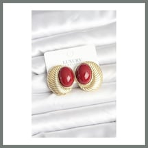 Bezos Pirinç Gold Renk Bordo Boncuklu Oval Vintage Kadın Küpe Mmbz