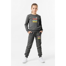 Düz Yuvarlak Yaka Your Shine Yazı Baskılı Kız Çocuk Eşofman Takımı Füme