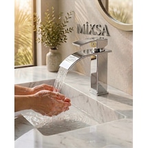 Krom Kare Lavabo Bataryası - Şelale Akışlı Modern Banyo Musluğu Sabit Lavabo Çift Su Girişli