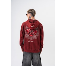 Respire Erkek Fierce Baskılı Yıkamalı Kapüşonlu Oversize Hoodie Bordo