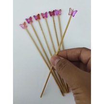 15 Cm Uzun Kürdan - 30 Adet Dekoratif Turuncu Lila Kelebek Boncuklu Kokteyl Karıştırıcı