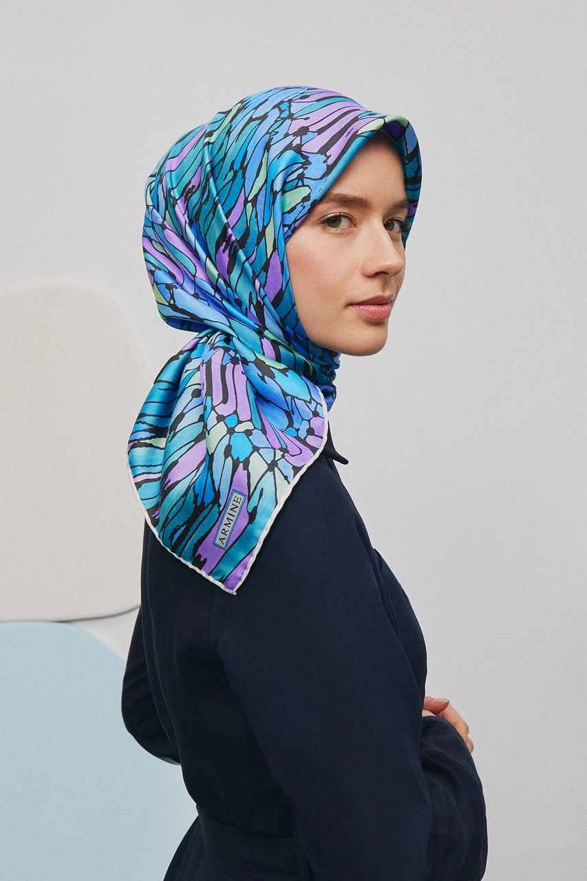 Armine Soyut Desenli Saf İpek Twill Eşarp 9335d 35 Mavi