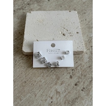 Taşlı Kare Silver Altılı Küpe Çok Renkli