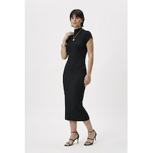 Neden Tekstil Modern Fit Sıfır Kol Yarım Balıkçı Yaka Triko Elbise - Siyah