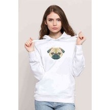 Polygonal Head Dog Köpek Baskılı Beyaz Kadın Kapşonlu Sweatshirt