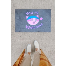 Dijital Baskı Dekoratif Welcome Kedili Antrasit Kapı Önü Paspası K-1292