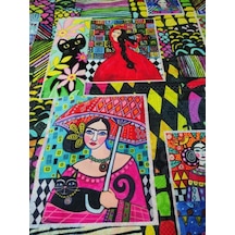 Renkli Geometrik Zeminli Frida Kahlo Desenli Kumaş