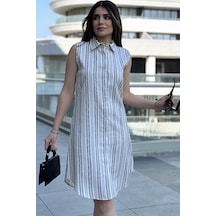 WeShaya Kadın Bej Çizgili Desen, İthal Kumaş, Kolsuz, Rahat Kesim, Midi Gömlek Elbise Pembe