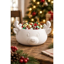 Sonbahar Ve Noel Temalı Ren Geyiği Figürlü Bowl - Sunum Kabı Beyaz