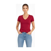 Kadın Bordo V Yaka Slim Fit Likralı Günlük Basic Body Tişört