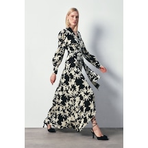 Sateen Çiçek Desenli Uzun Elbise - Siyah