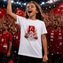 Bk Gift Kişiye Özel Türkiye Taraftar Temalı 2026 Dünya Kupası Tasarımlı Çocuk Tişört-3, Tek Yürek Milli Takım Ruhu Beyaz