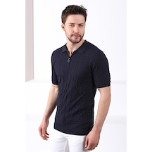 Ferraro Lacivert Polo Yaka Fermuarlı Erkek Pamuk Triko T-Shirt-Lacivert (490417803) Lacivert