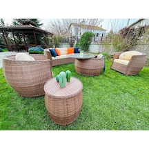 Monalin Home Garden Atlantis 5 Kişilik Rattan Örgü Bahçe & Balkon & Teras Lüks Oturma Grubu Minderli & Camlı & Masalı Lüks Bahçe Takımı Krem