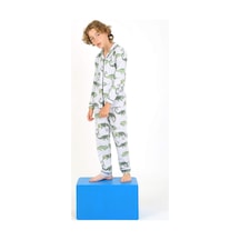 Vitmo Erkek Çocuk Pijama Takımı Düğmeli Tropikal Desen Uzun Kollu Gri