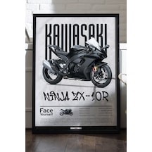 Kawasaki Ninja Zx-10 R Siyah Ahşap Çerçeveli Poster, Dekoratif Motosiklet Duvar Tablosu