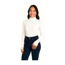 İngegno Body Boğazlı Uzun Kol Parmak Geçme Detay Viskon Örme Kumaş Kadın Body Beyaz