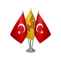 Masa Üstü Hun İmparatorluğu Bayrağı Türk Bayrağı Üçlü Krom Direk
