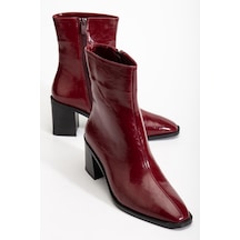 Bordo Kadın Kalın Topuklu Bot Rugan Küt Burun Yüzüdüz-4255 Bordo