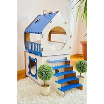 Dekoratif Kedi Evi Teraslı Dublex Mavi
