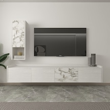 T007 Duvara Monte, Raflı Tv Ünitesi, Tv Sehpası - Ahşap Beyaz/mermer Ahşap Beyaz/mermer
