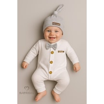 Babyden's Mini Boss Erkek Bebek Tulum Ve Şapka Seti Yenidoğan Papyonlu Bebek Tulumu %100 Pamuk Gri