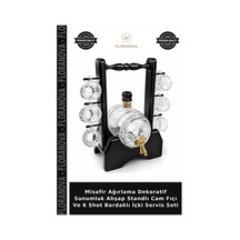Misafir Ağırlama Dekoratif Sunumluk Ahşap Standlı Cam Fıçı Ve 6 Shot Bardaklı İçki Servis Seti Çok Renkli