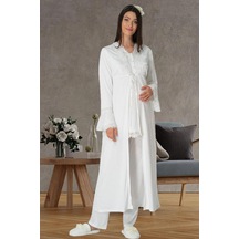 Mecit Pijama Mecit 1517 Bayan Hamile Lohusa Ekru Sabahlıklı Pijama Takımı