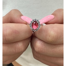 Oval Pembe Taşlı Gümüş Taşlı Yüzük