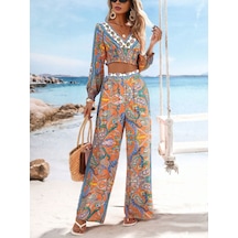 Fashion Cocktail V Yaka Hint Şal Desenli Bohem Yazlık Sahil Kadın Viskon Kollu Krop Pantolon Takım Turuncu
