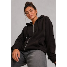 Bb Butik Basic Kadın Oversize Fermuarlı Kapüşonlu Sweatshirt Üç İplik Sweatshirt Hırka My3535 siyah