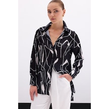 Sateen Yırtmaç Detaylı Gömlek - Siyah-136102 Siyah