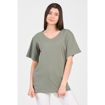 As Collection Yeşil V Yaka Kısa Kol Boyfriend Kadın T-shirt Çok Renkli