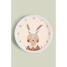 Sevimli Zarif Tavşan Çocuk Odası Modern Duvar Saati - 30cm - Önü Camlı Beyaz Kasa - Sessiz Mekanizma Beyaz
