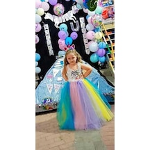 Parti Selesi Tarlatanlı Renkli Unicorn Çocuk Kostümü - Taç Hediyeli Unicorn Kız Çocuk Kostümü - Unicorn Kostüm Renkli