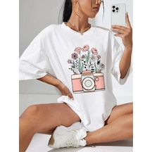 Startmore Çiçekli Kamera Baskılı Oversize T-shirt Garalio Beyaz