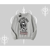 Biskilet Sweatshirt Rhythms Riot Vintage Rockabilly Skull Street Aesthetic Gri