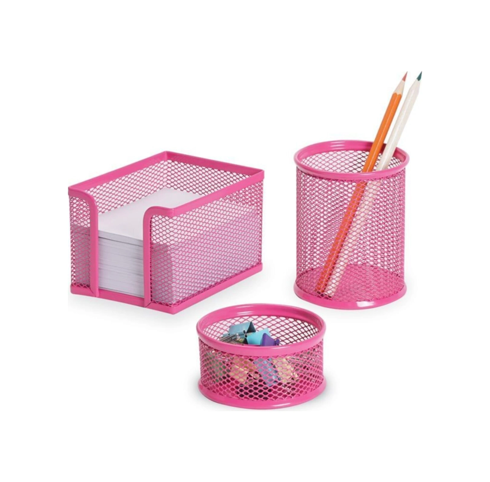 Masa Seti Ataşlık-kağıtlık-kalemlik 3 Lü Metal Perforeli Pembe F0033 M.o